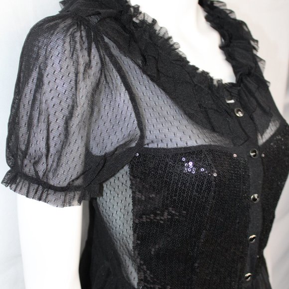 Forever 21 Women's See-thru Blouse Lace Ruffles Sequin Button Up Black Medium - Picture 2 of 9